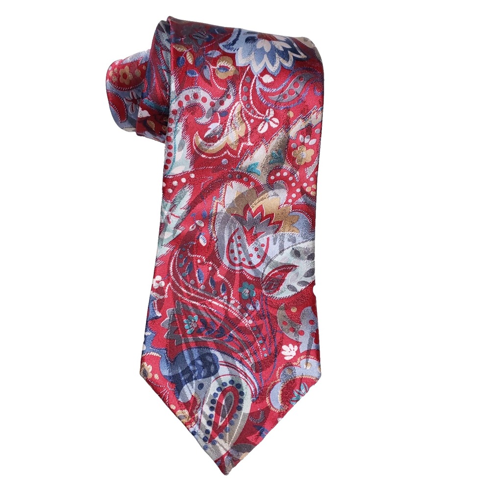 Wembley Tie Red Silver Paisley Floral Mens Neckwear Retro Vibes USA Made